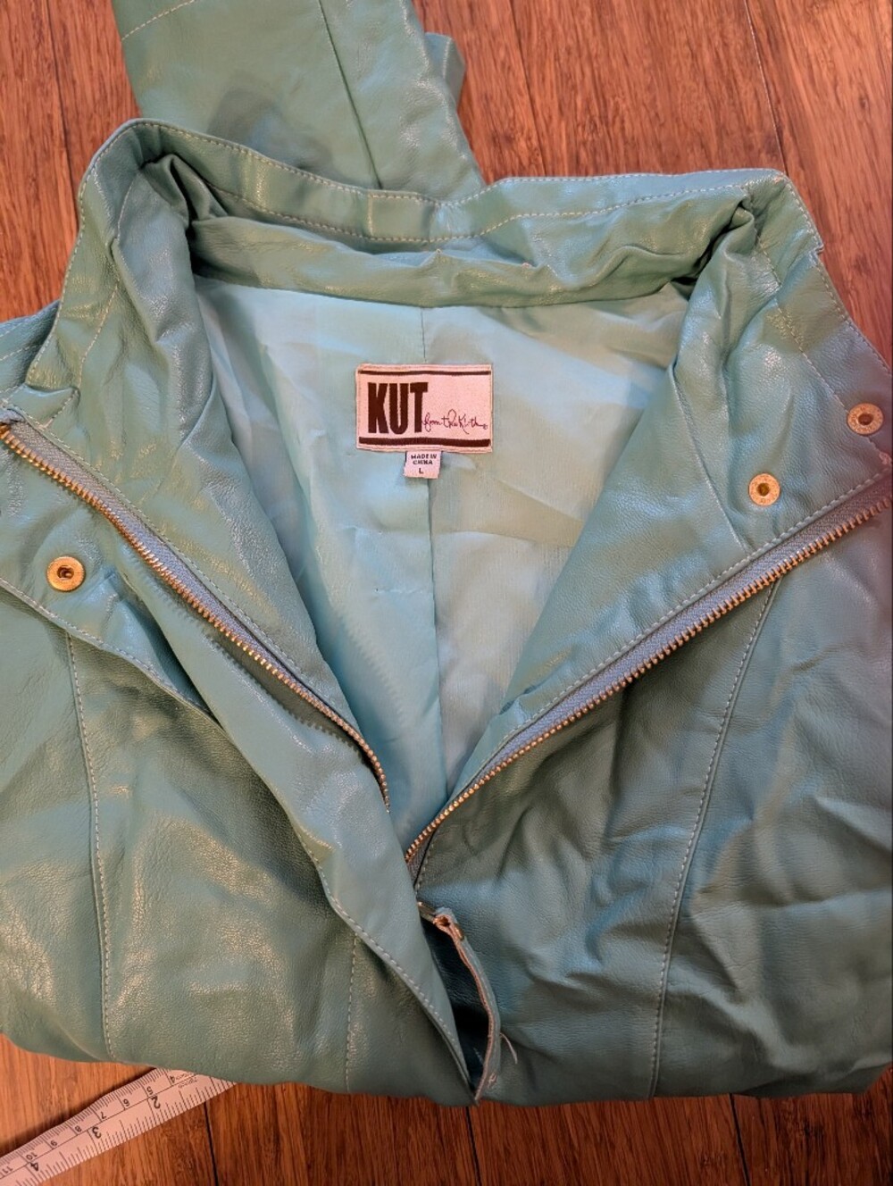 DAMAGED KUT from the Kloth Women's Light Teal Faux Leather Jacket